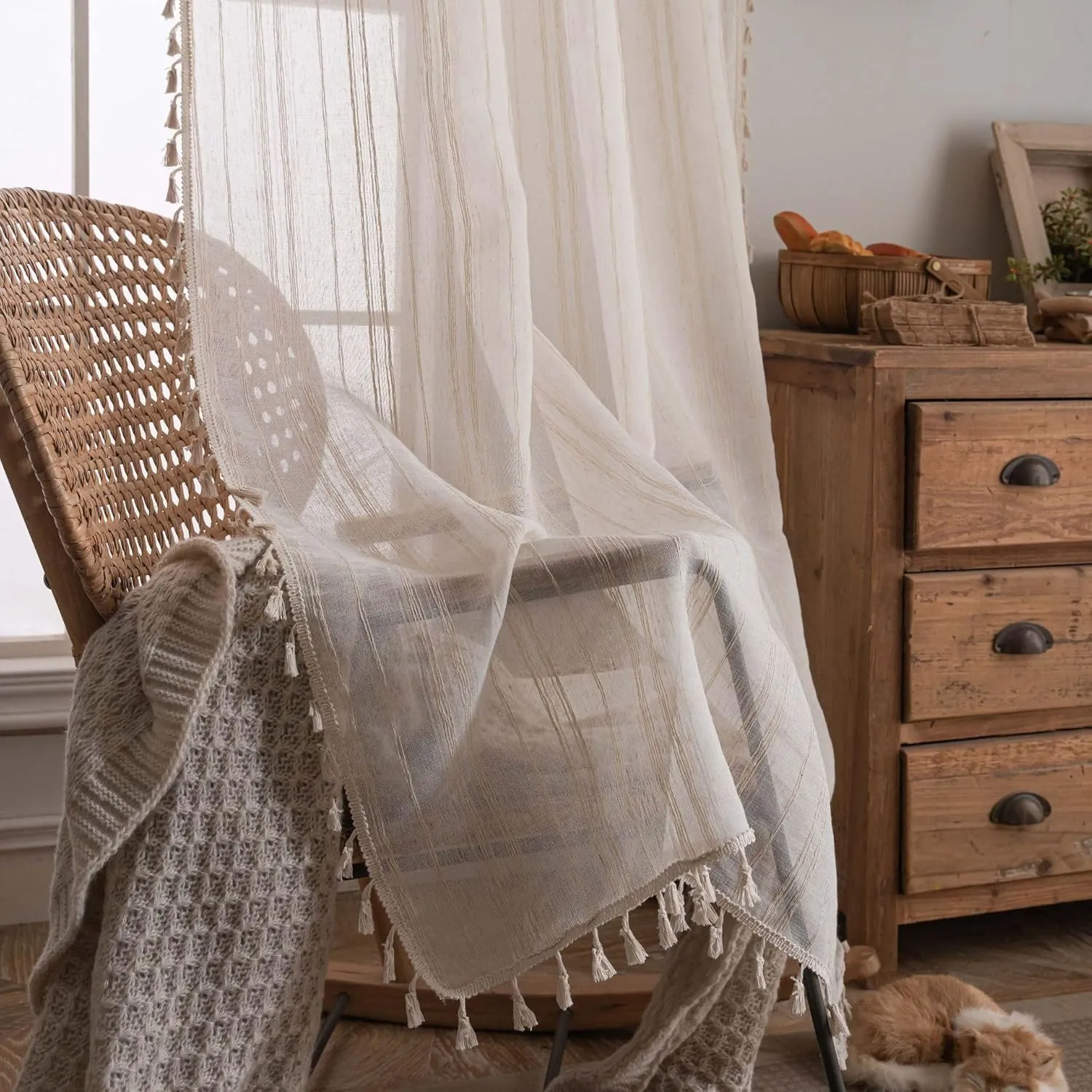 Linen Cafe Curtains 36 inch Length 2 Panel - Striped Pattern Short Drapes,Tassel, Rod Pocket,Sheer,Privacy,Neutral,Antique Window Panels,Living Room,Bedroom,Dining Room,Linen Color