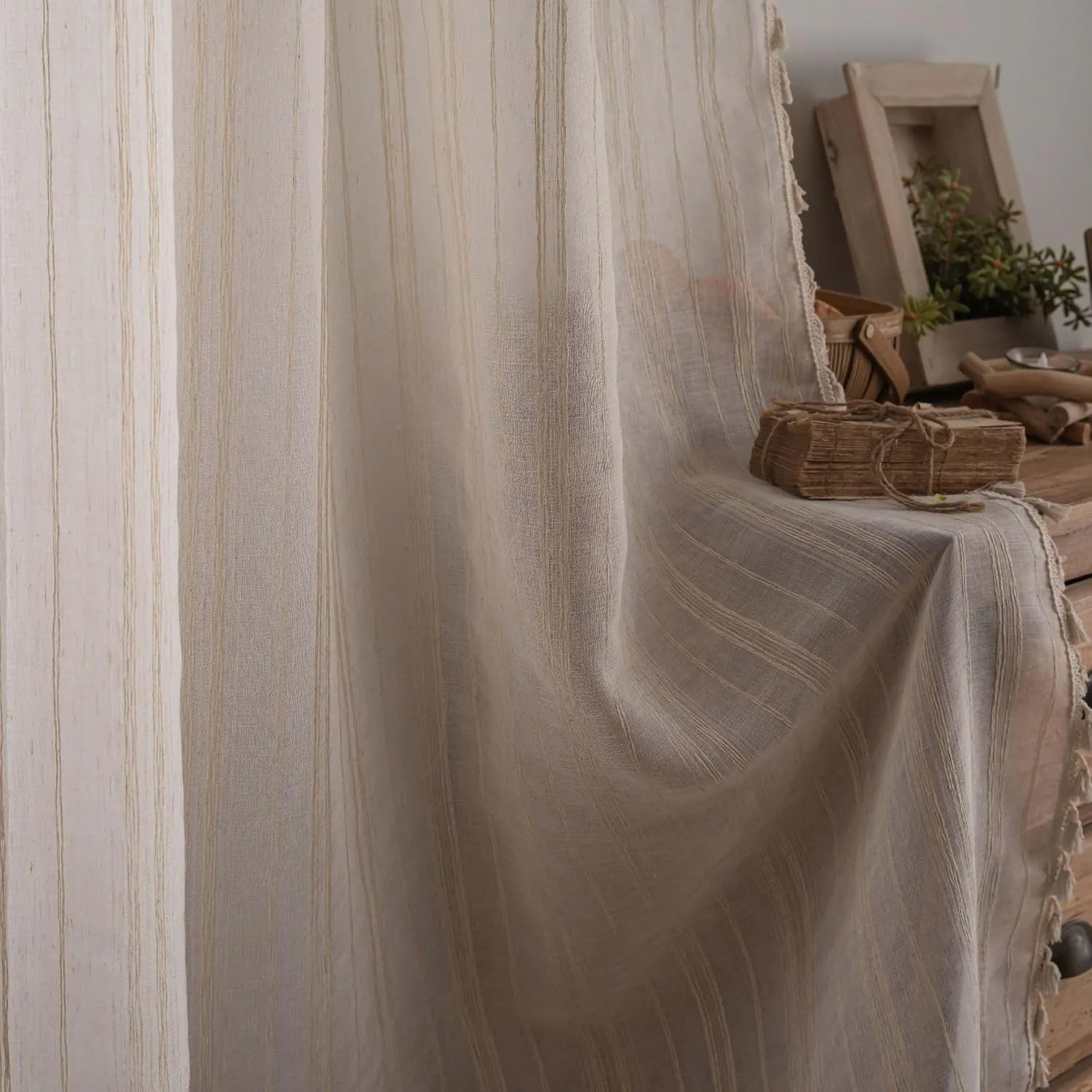 Linen Cafe Curtains 36 inch Length 2 Panel - Striped Pattern Short Drapes,Tassel, Rod Pocket,Sheer,Privacy,Neutral,Antique Window Panels,Living Room,Bedroom,Dining Room,Linen Color