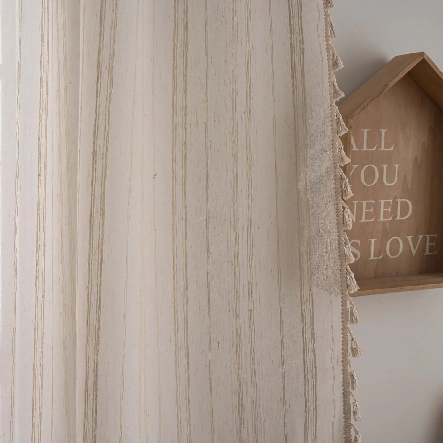 Linen Cafe Curtains 36 inch Length 2 Panel - Striped Pattern Short Drapes,Tassel, Rod Pocket,Sheer,Privacy,Neutral,Antique Window Panels,Living Room,Bedroom,Dining Room,Linen Color