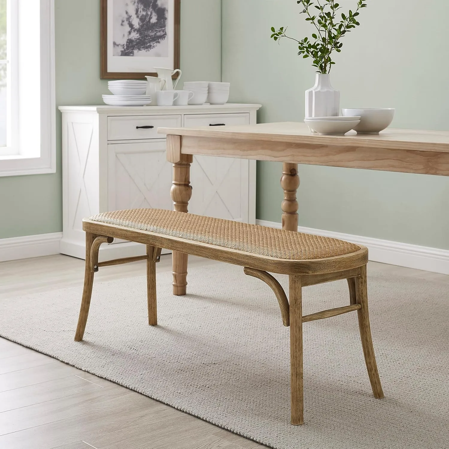 Linon Natural Bentwood Woven Rattan Seat Hank Bench