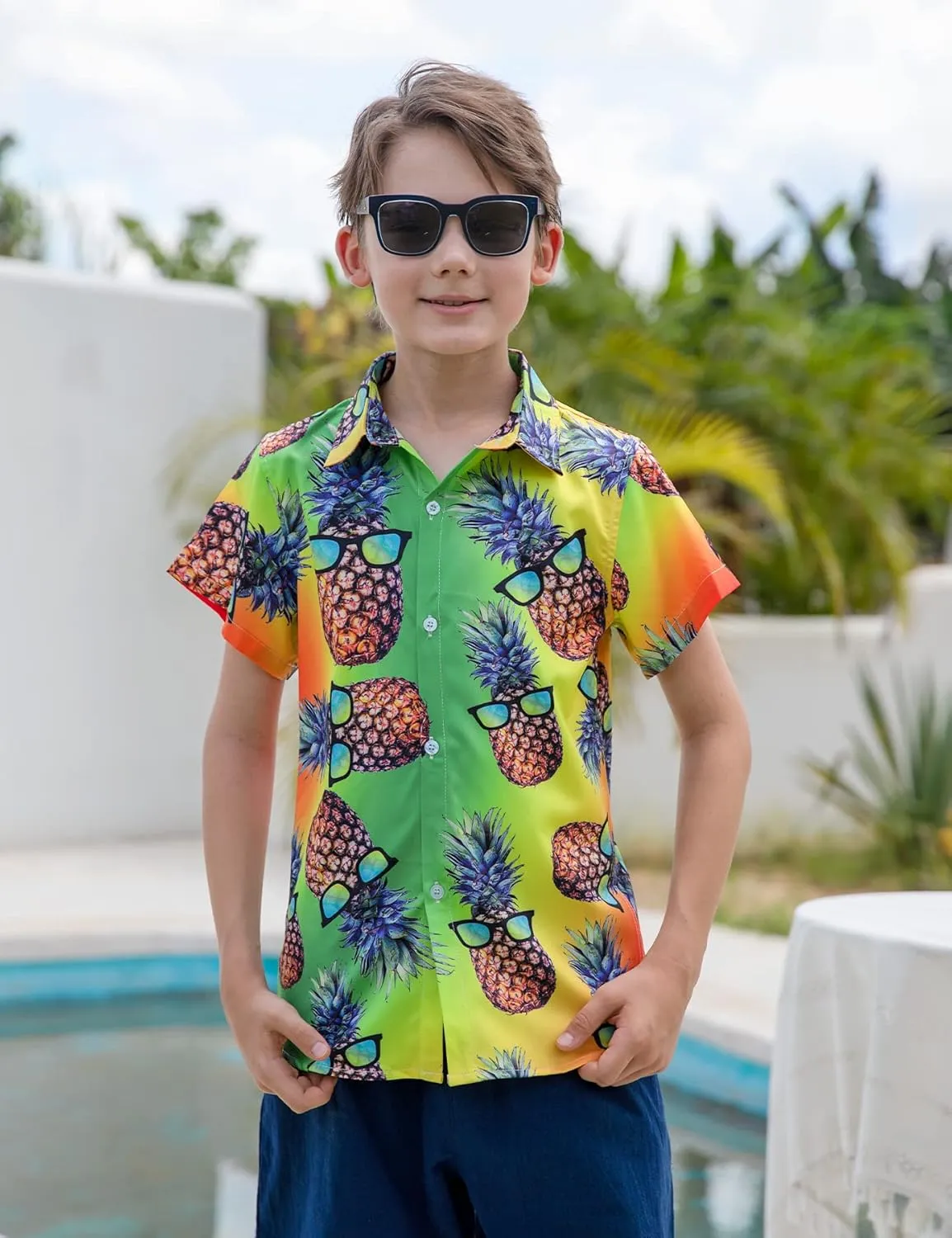 Little & Big Boy's Button Down Hawaiian Shirts Short Sleeve Cool Cartoon Print Dress Tops T-Shirt for Kids 7-14T…