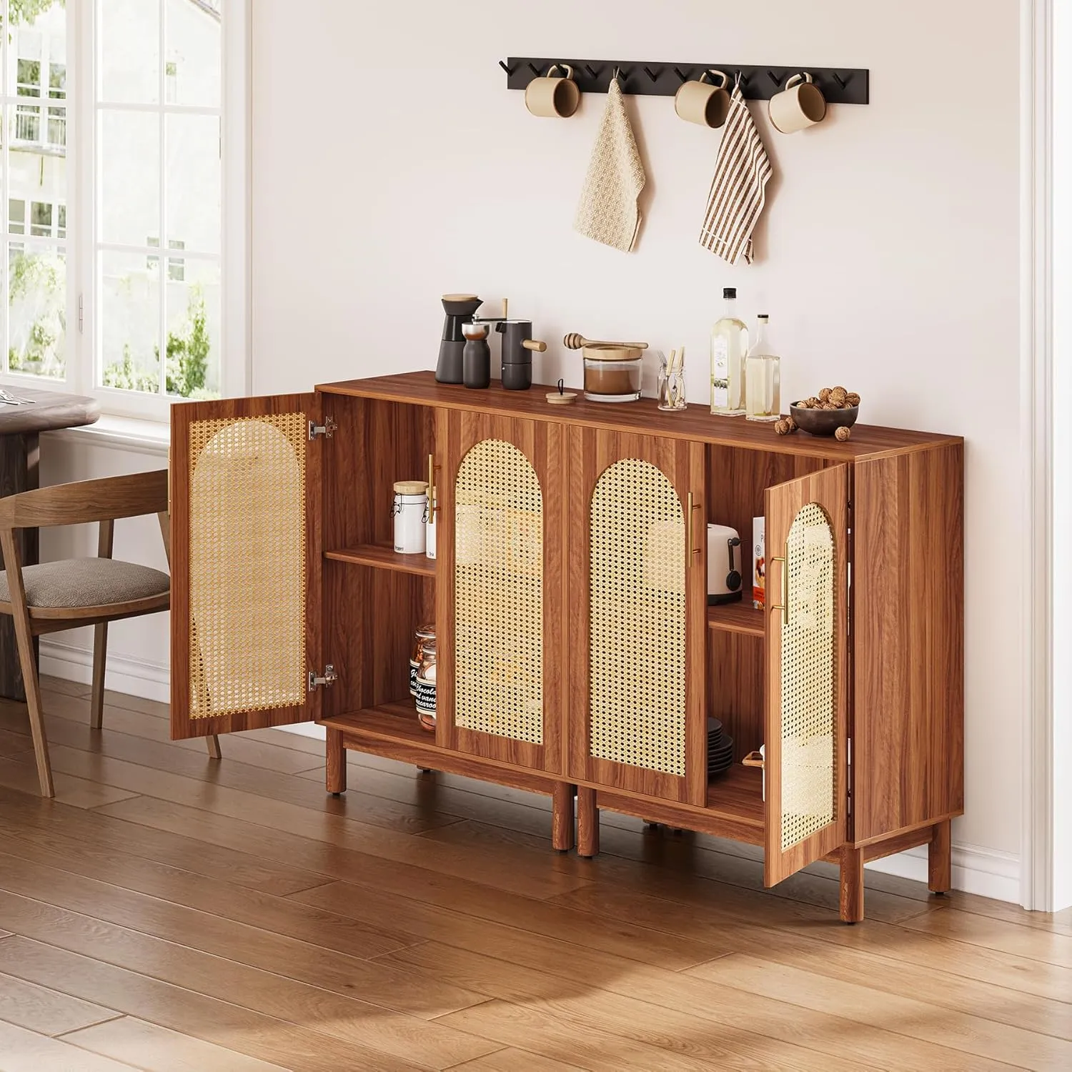 LITTLE TREE Sideboard Buffet Cabinet, Sideboard Cabinet with 4 Doors, 59-Inch Modern Credenza for Kitchen, Entryway, Living Room and Dining Room