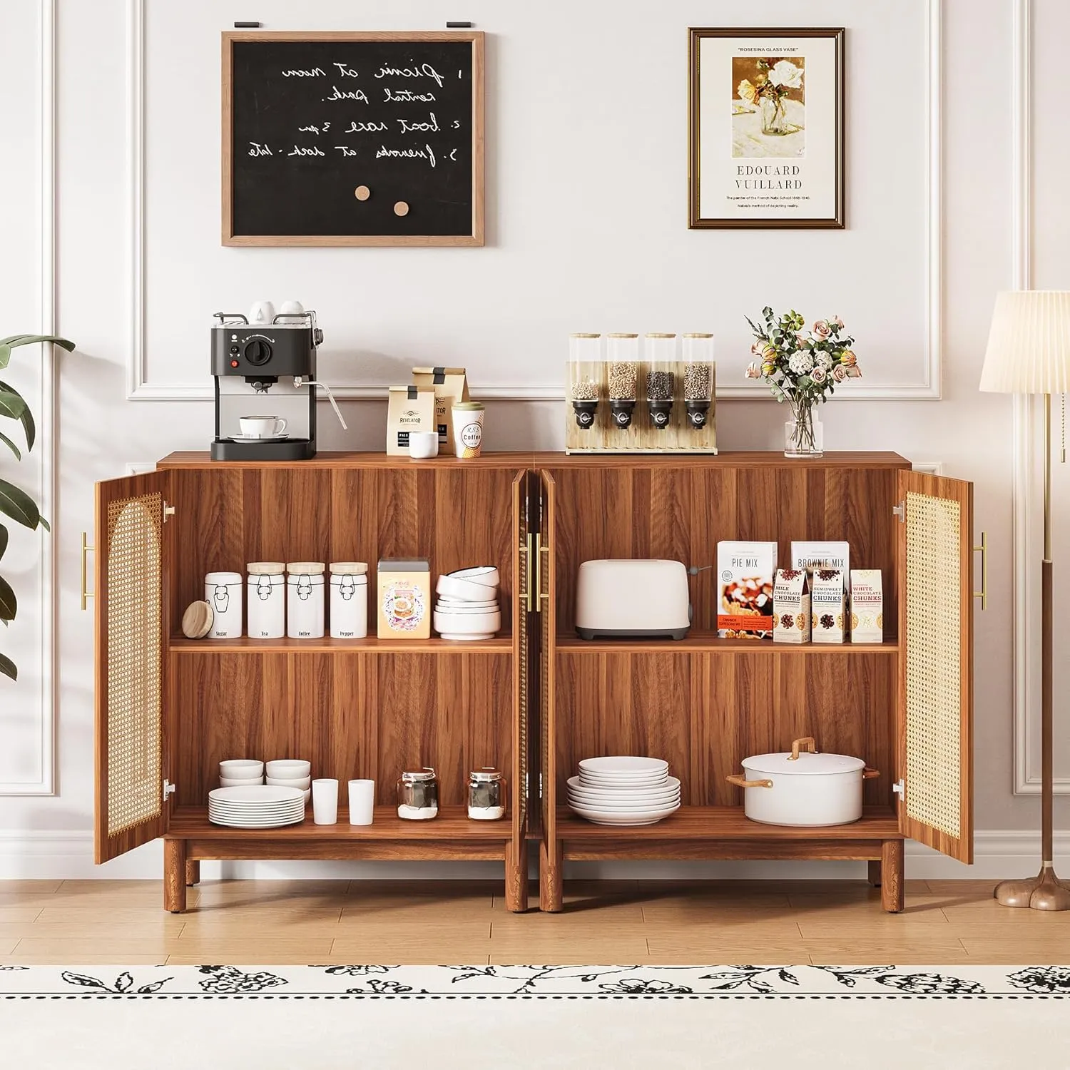 LITTLE TREE Sideboard Buffet Cabinet, Sideboard Cabinet with 4 Doors, 59-Inch Modern Credenza for Kitchen, Entryway, Living Room and Dining Room