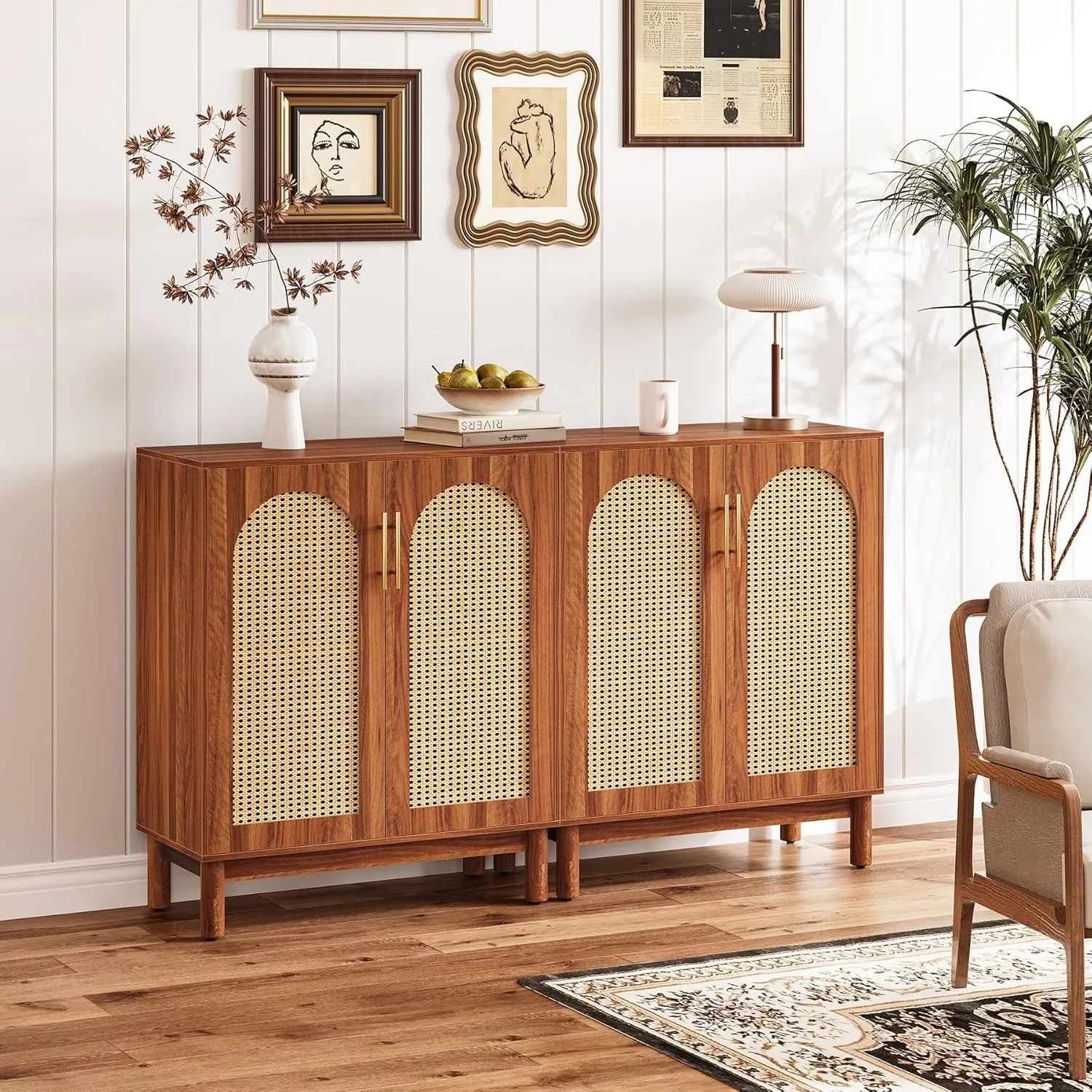 LITTLE TREE Sideboard Buffet Cabinet, Sideboard Cabinet with 4 Doors, 59-Inch Modern Credenza for Kitchen, Entryway, Living Room and Dining Room