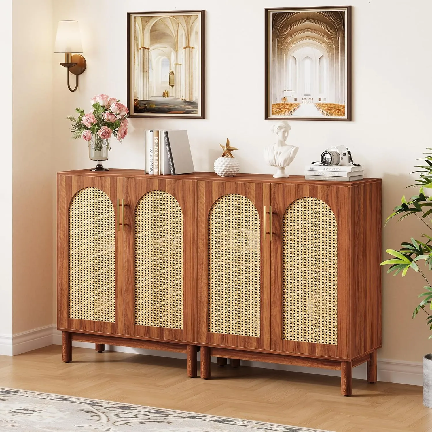 LITTLE TREE Sideboard Buffet Cabinet, Sideboard Cabinet with 4 Doors, 59-Inch Modern Credenza for Kitchen, Entryway, Living Room and Dining Room