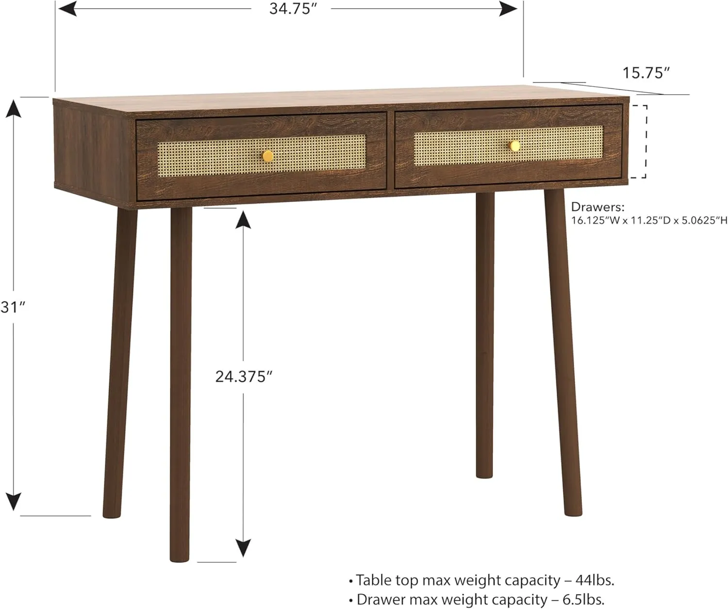 Loft & Luv Remy Boho Mid-Century Console Entryway Table with Natural Rattan with Storage Drawer and Open Shelf, Walnut Finish