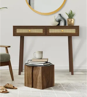 Loft & Luv Remy Boho Mid-Century Console Entryway Table with Natural Rattan with Storage Drawer and Open Shelf, Walnut Finish