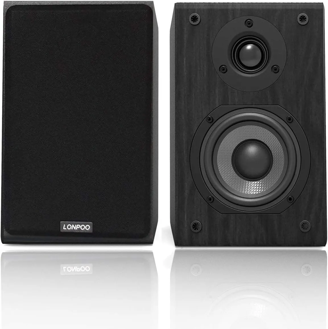 LONPOO Passive Bookshelf Speakers, 75W x 2 Classic Wooden Near Field Monitors with 4-Inch Carbon Fiber Woofer &1-Inch Silk Domed Tweeter 2-Way Speaker,Amplifier Required (Not Inlcuded)