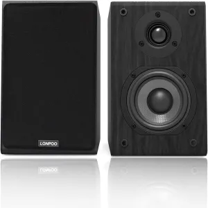 LONPOO Passive Bookshelf Speakers, 75W x 2 Classic Wooden Near Field Monitors with 4-Inch Carbon Fiber Woofer &1-Inch Silk Domed Tweeter 2-Way Speaker,Amplifier Required (Not Inlcuded)
