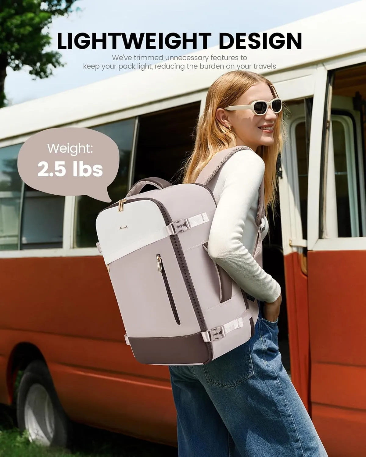 LOVEVOOK Travel Backpack For Women, 40L Carry On Backpack, Airline Approved Personal Item Travel Bag, Travel Essentials Water Resistant Daypack Weekender Bag Fits 17" Laptop, Pink-Beige-Coffee