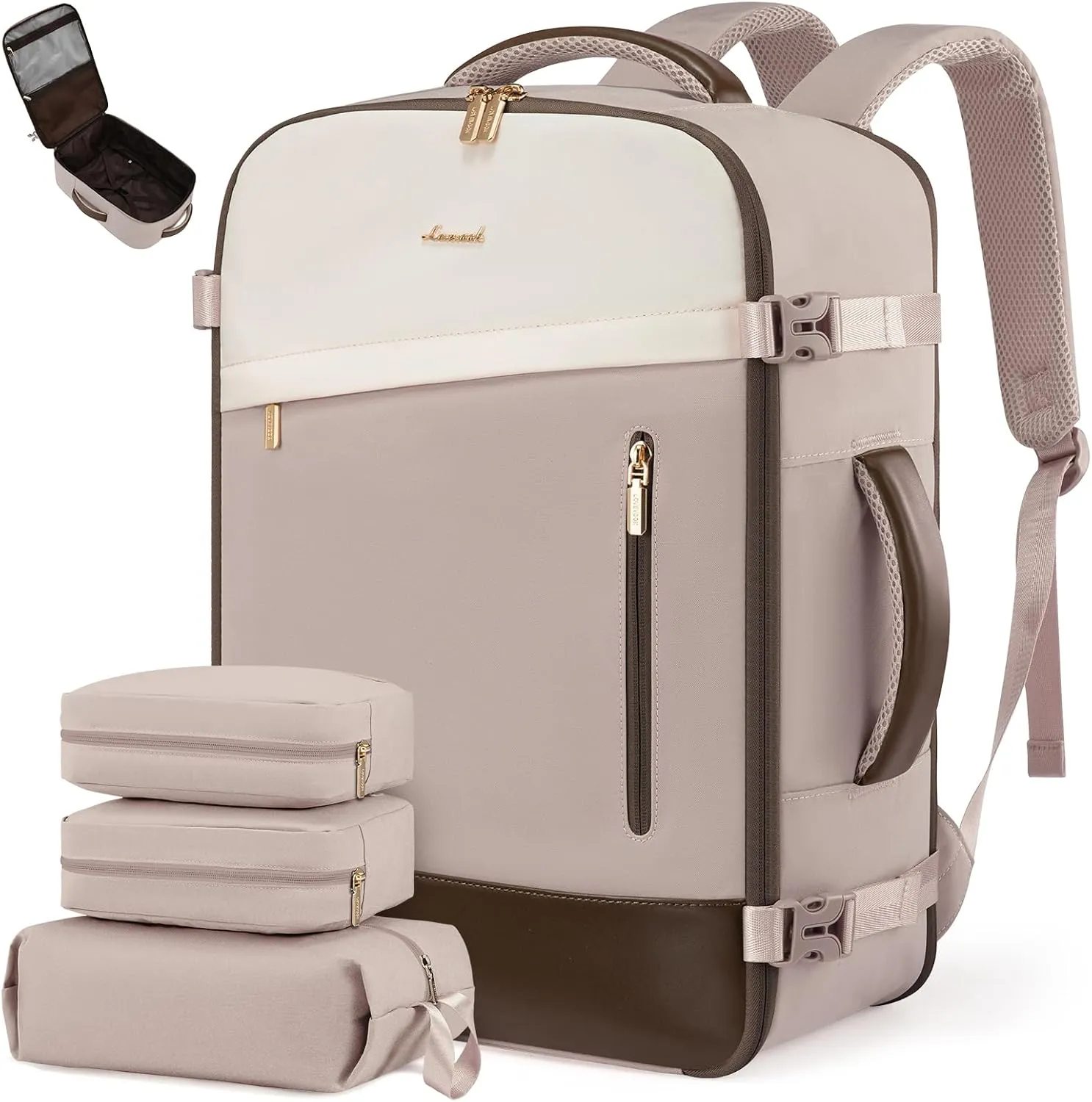 LOVEVOOK Travel Backpack For Women, 40L Carry On Backpack, Airline Approved Personal Item Travel Bag, Travel Essentials Water Resistant Daypack Weekender Bag Fits 17" Laptop, Pink-Beige-Coffee