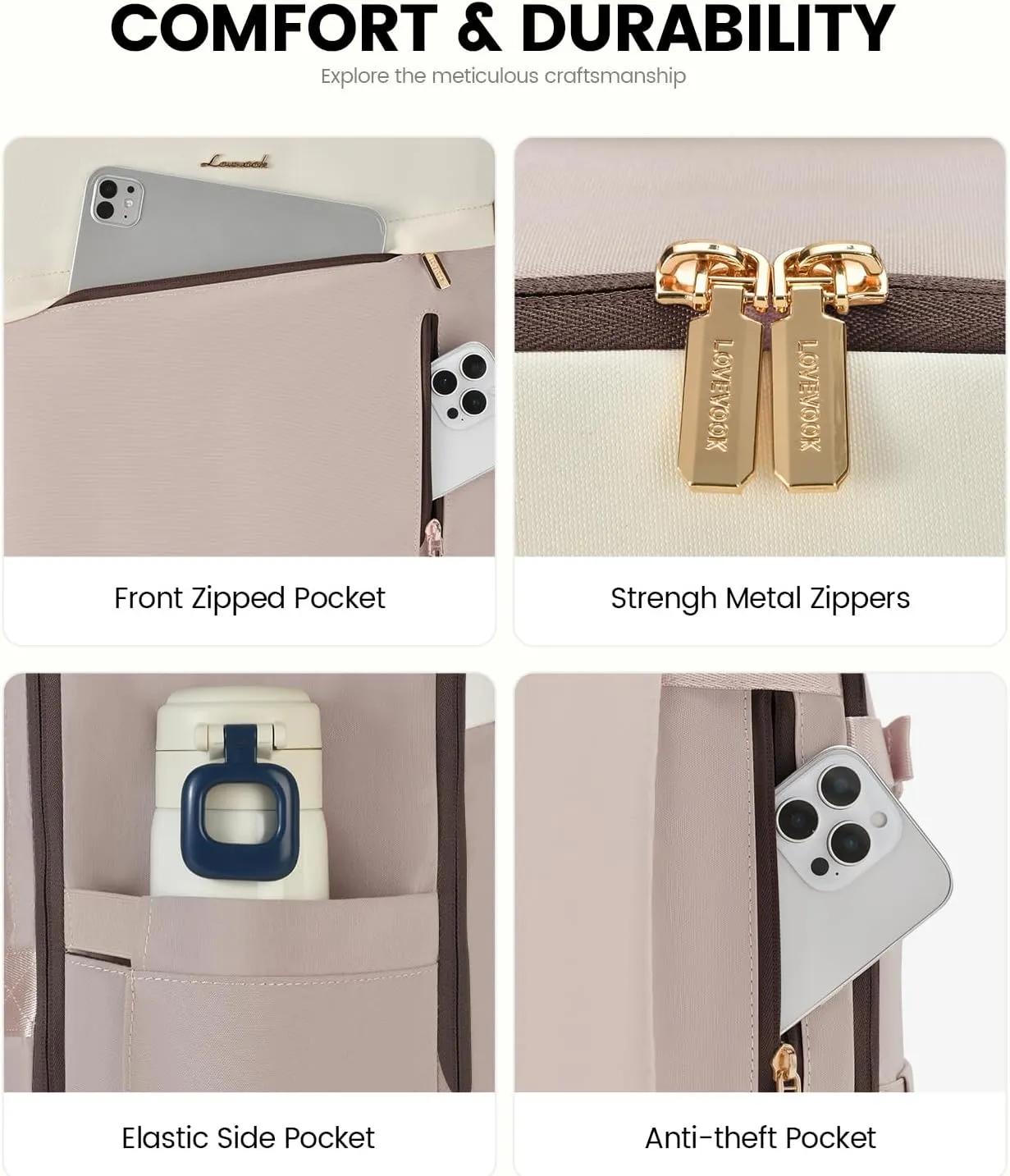 LOVEVOOK Travel Backpack For Women, 40L Carry On Backpack, Airline Approved Personal Item Travel Bag, Travel Essentials Water Resistant Daypack Weekender Bag Fits 17" Laptop, Pink-Beige-Coffee