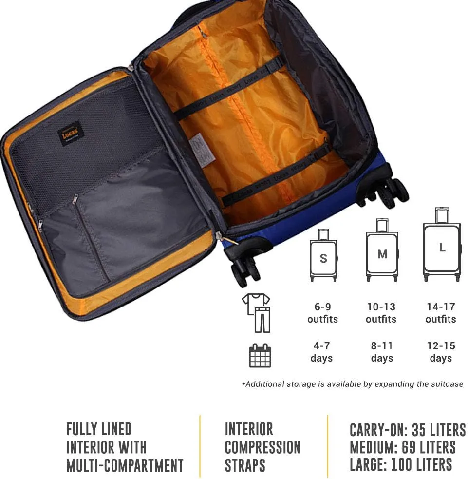 Lucas Designer Luggage Collection - Expandable 24 Inch Softside Bag - Durable Mid-sized Ultra Lightweight Checked Suitcase with 8-Rolling Spinner Wheels (Royal Blue)