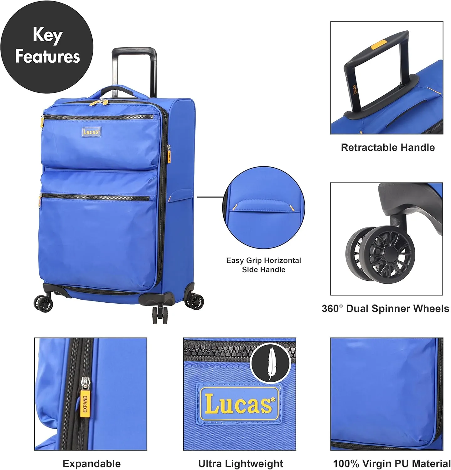 Lucas Designer Luggage Collection - Expandable 24 Inch Softside Bag - Durable Mid-sized Ultra Lightweight Checked Suitcase with 8-Rolling Spinner Wheels (Royal Blue)