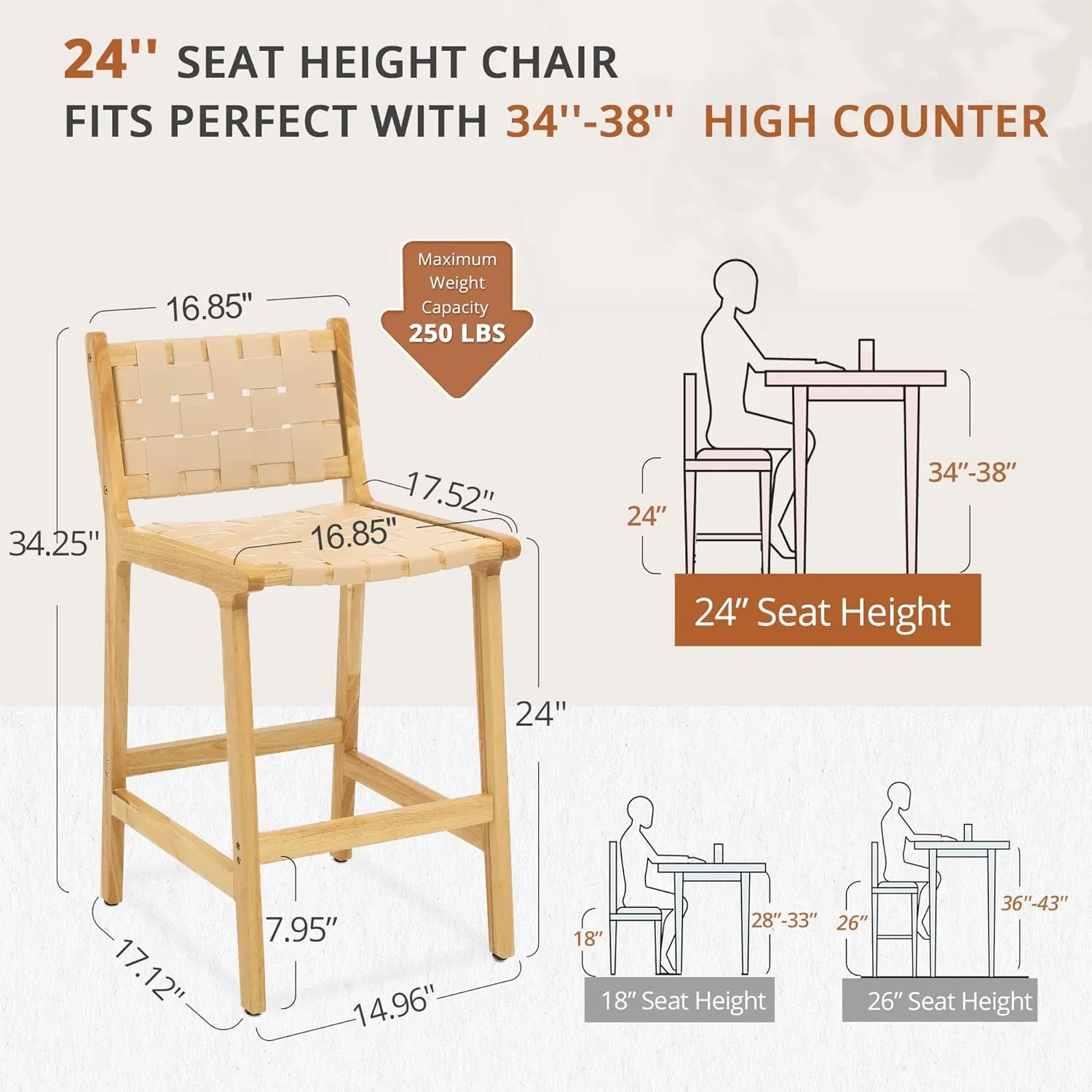 LUE BONA Counter Height Bar Stools 24inch, Set of 4 Faux Leather Woven Counter Stool with Backs, Woven Strips Rattan Barstools with Wood Legs for Home Kitchen, Deep Beige