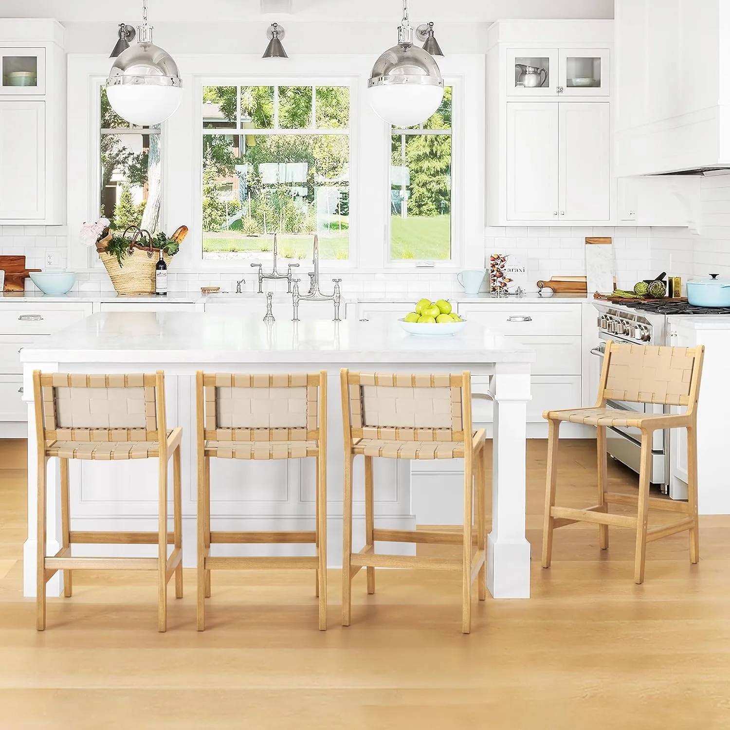 LUE BONA Counter Height Bar Stools 24inch, Set of 4 Faux Leather Woven Counter Stool with Backs, Woven Strips Rattan Barstools with Wood Legs for Home Kitchen, Deep Beige