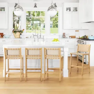 LUE BONA Counter Height Bar Stools 24inch, Set of 4 Faux Leather Woven Counter Stool with Backs, Woven Strips Rattan Barstools with Wood Legs for Home Kitchen, Deep Beige