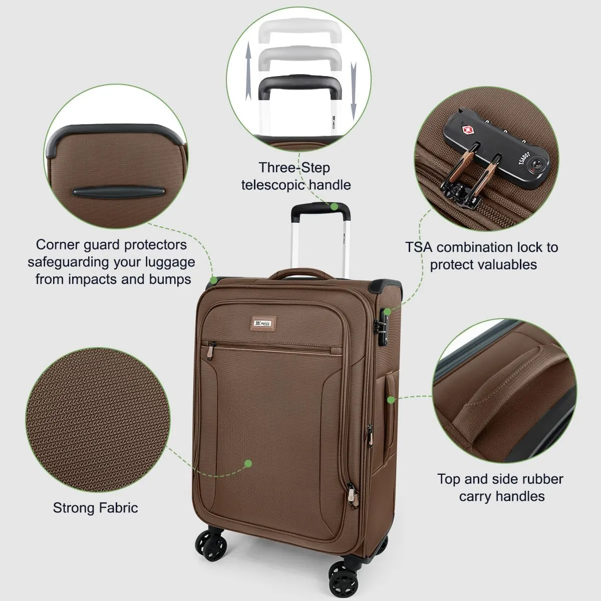 Luggage Sets 3 Piece,Suitcases with Wheels Hardshell,Softside Luggage Set,Foldie Travel Bag Expandable,Charcoal Material W/Tsa Lock & Double Spinner Wheels(20in/28in/30in) Coffee