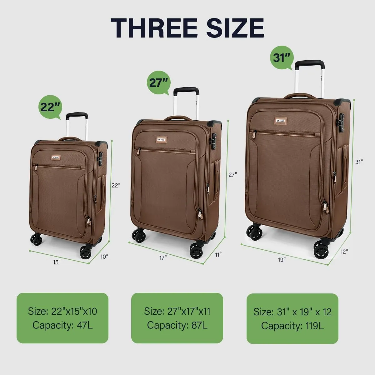 Luggage Sets 3 Piece,Suitcases with Wheels Hardshell,Softside Luggage Set,Foldie Travel Bag Expandable,Charcoal Material W/Tsa Lock & Double Spinner Wheels(20in/28in/30in) Coffee