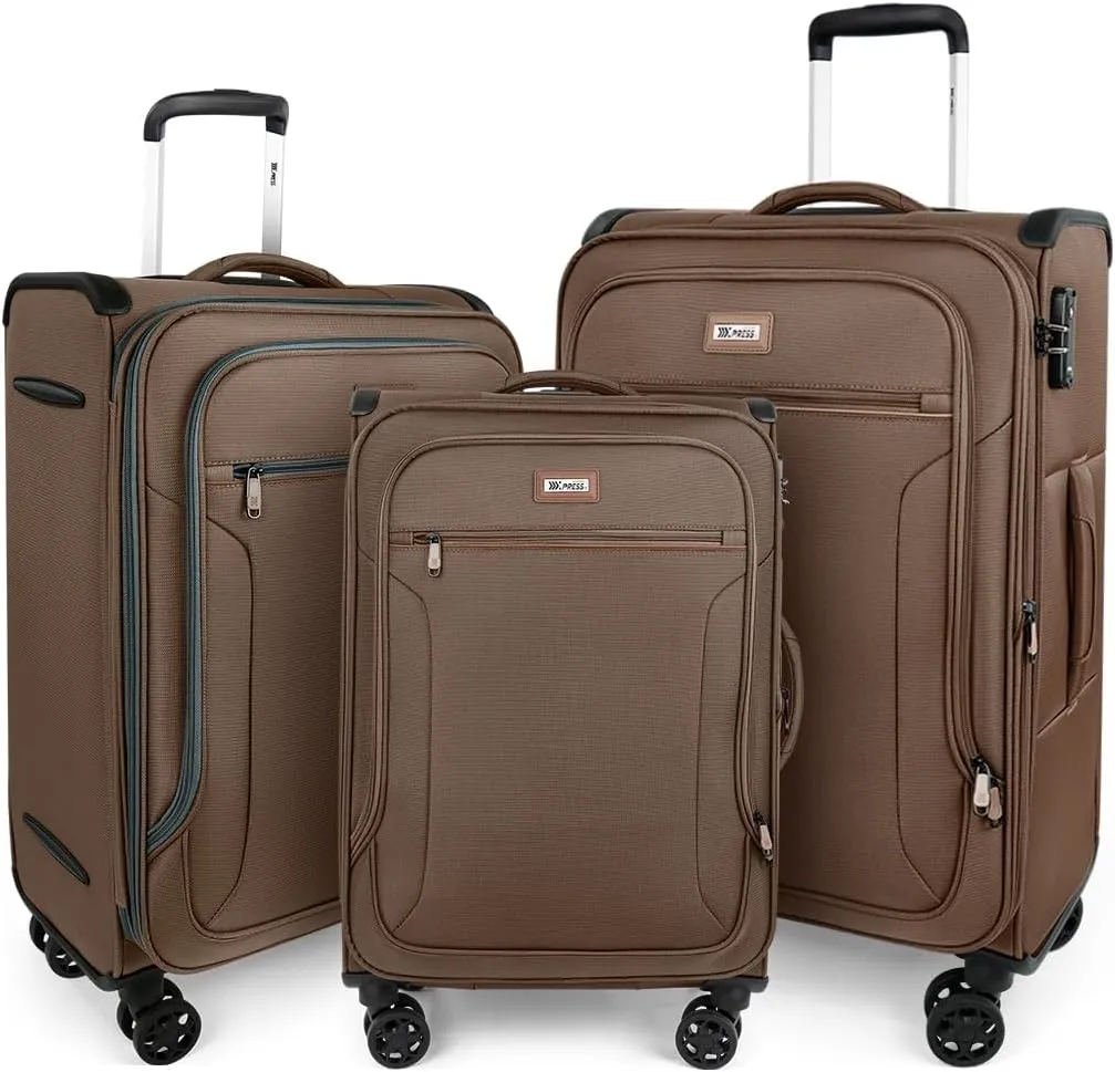 Luggage Sets 3 Piece,Suitcases with Wheels Hardshell,Softside Luggage Set,Foldie Travel Bag Expandable,Charcoal Material W/Tsa Lock & Double Spinner Wheels(20in/28in/30in) Coffee