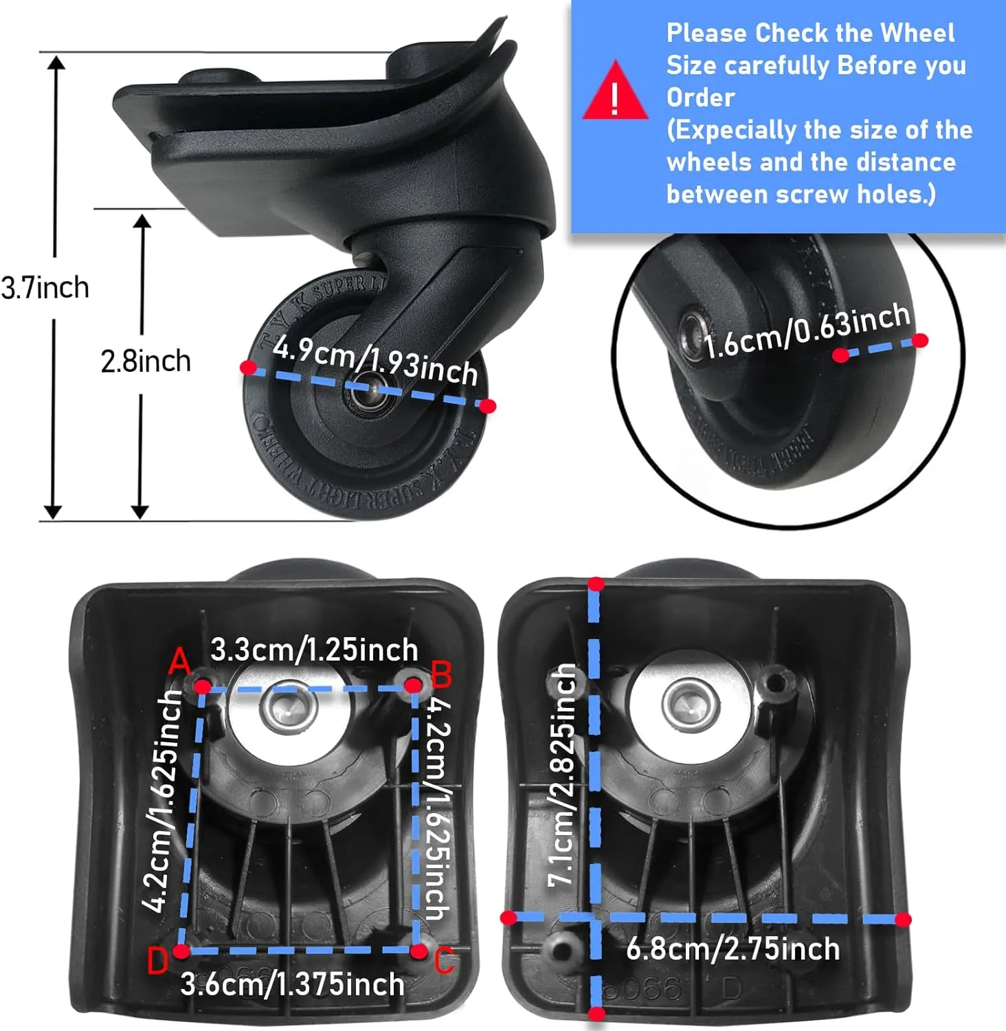 Luggage Wheels Replacement for Suitcase, Spinner Wheels Replacement Parts Roller Suitcase Tourister Travel Trunk Caster Luggage Kit (4 Pcs)