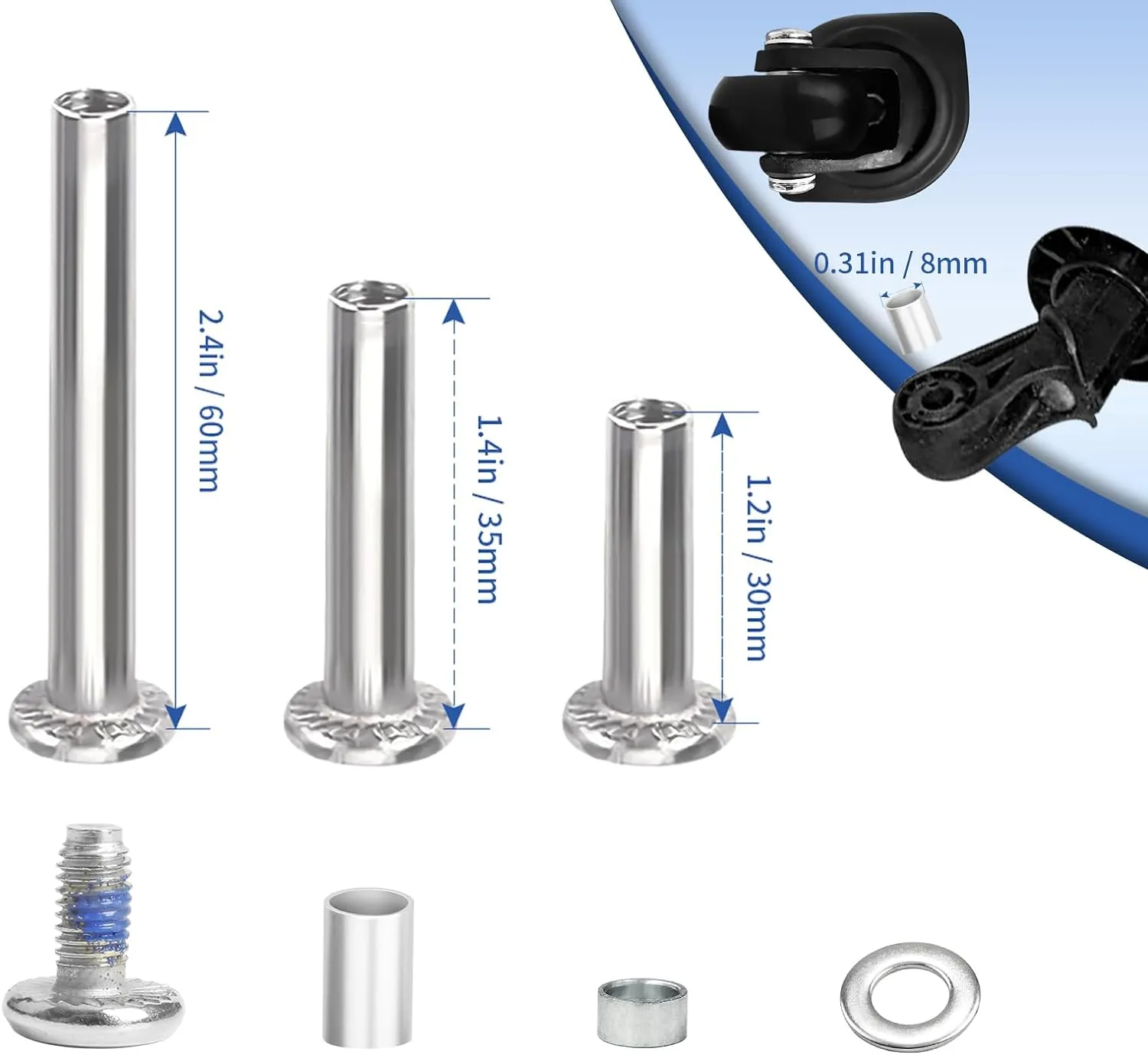 Luggage Wheels Replacement Kit 4PC PU Bearing Wheels 45mmx21mm,3 Length Axls for Most Suitcase Trolley Bag Travel Box Spinner Caster with 6mm & 8mm Shaft