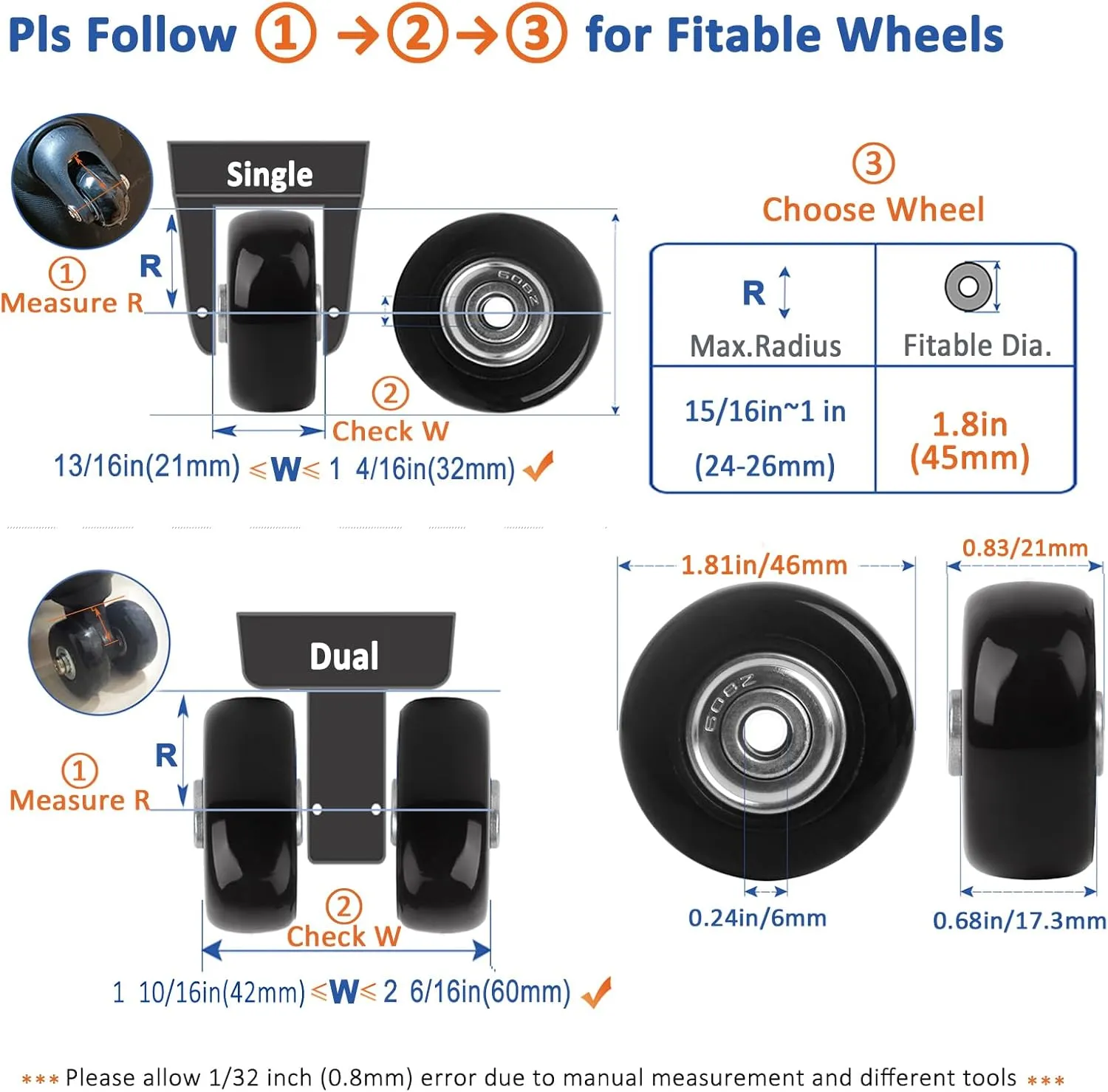 Luggage Wheels Replacement Kit 4PC PU Bearing Wheels 45mmx21mm,3 Length Axls for Most Suitcase Trolley Bag Travel Box Spinner Caster with 6mm & 8mm Shaft