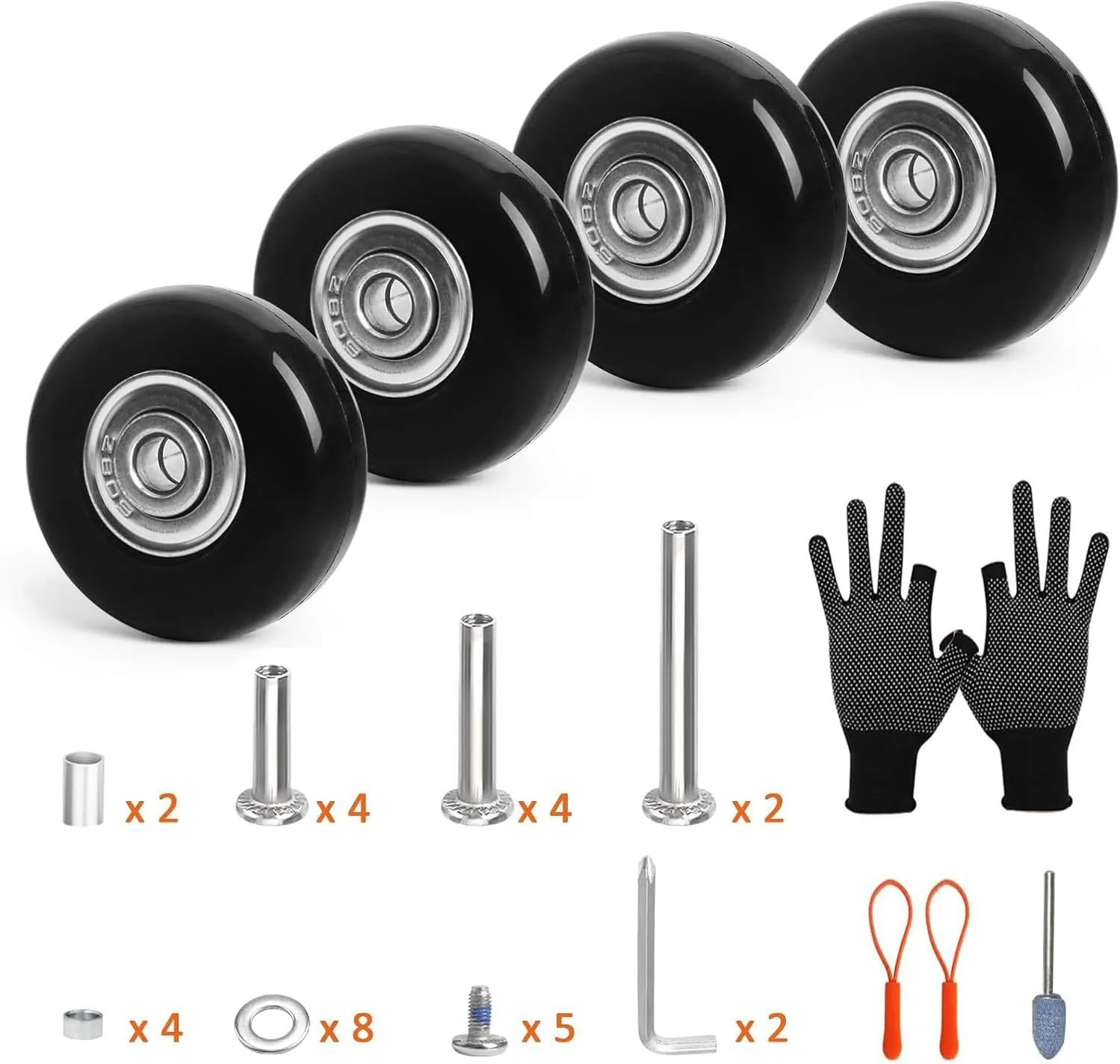 Luggage Wheels Replacement Kit 4PC PU Bearing Wheels 45mmx21mm,3 Length Axls for Most Suitcase Trolley Bag Travel Box Spinner Caster with 6mm & 8mm Shaft