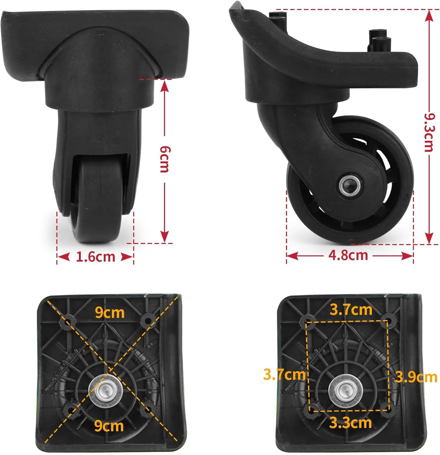 Luggage Wheels Replacement Kit, Spinner 360 Degree Wheel for Travel, Suitcase Plastic Repair Wheel Set, Mute Casters Pack of 2