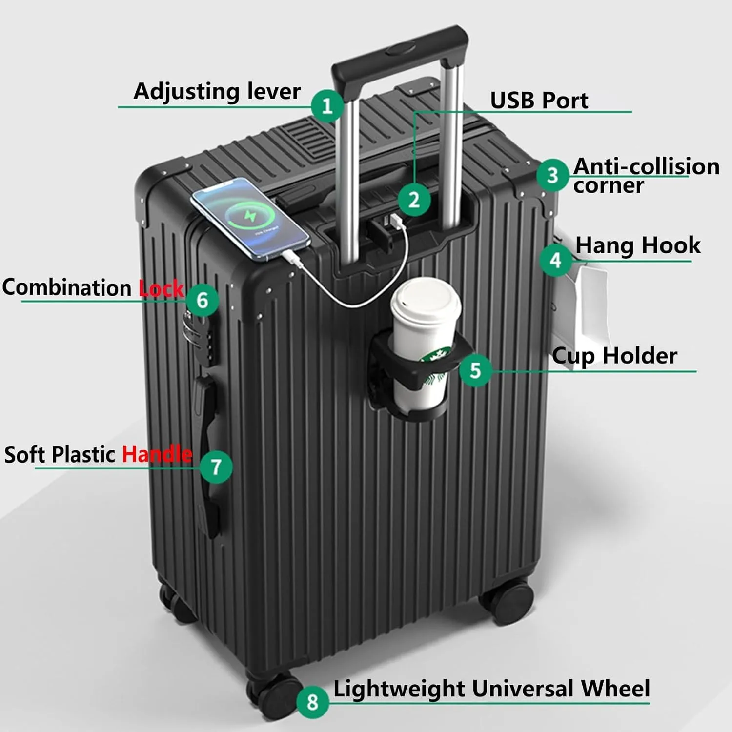 Luggage With Cup Holder, Space Separation Design, Hard Shell Trolley Case, Dustproof And Waterproof, For Going On A Trip, Learn (Color : 20, Size : Black White)