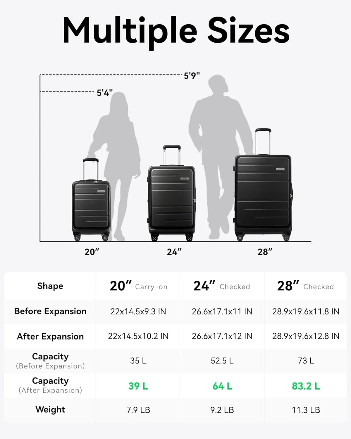 LUGGEX 24 Inch Luggage with Spinner Wheels, Expandable PC Hard Shell Checked Suitcase with Front Opening, Lightweight (Charcoal Metallic, 24 Inch)