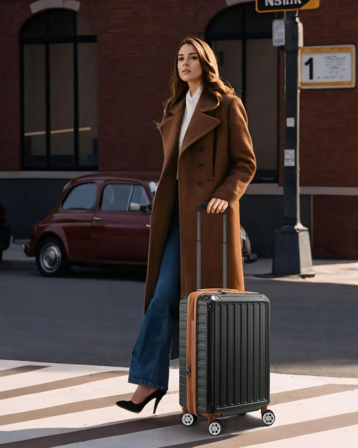 LUGGEX Carry On Luggage 22x14x9 Airline Approved, PC Expandable Hard Shell Suitcases with Spinner Wheels, 20 Inch, Brown Black