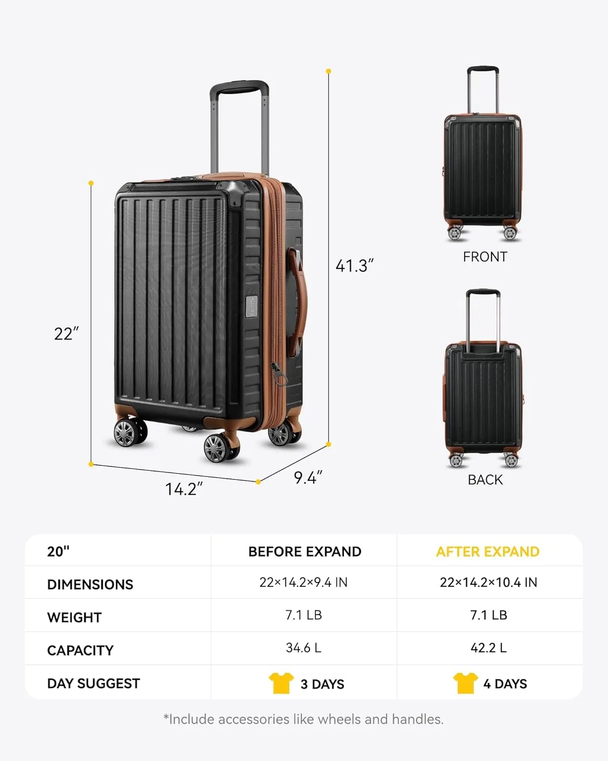 LUGGEX Carry On Luggage 22x14x9 Airline Approved, PC Expandable Hard Shell Suitcases with Spinner Wheels, 20 Inch, Brown Black