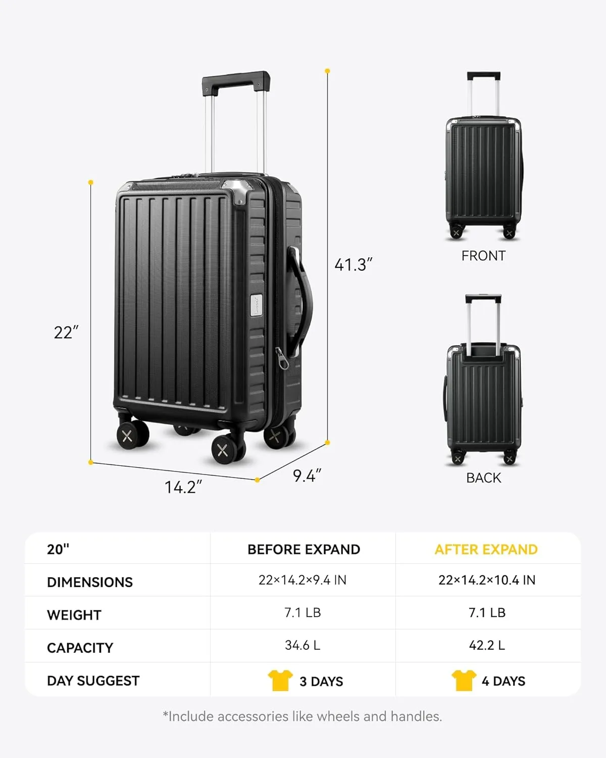 LUGGEX Carry On Luggage 22x14x9 Airline Approved, PC Expandable Hard Shell Suitcases with Spinner Wheels, 20 Inch, Charcoal Metallic