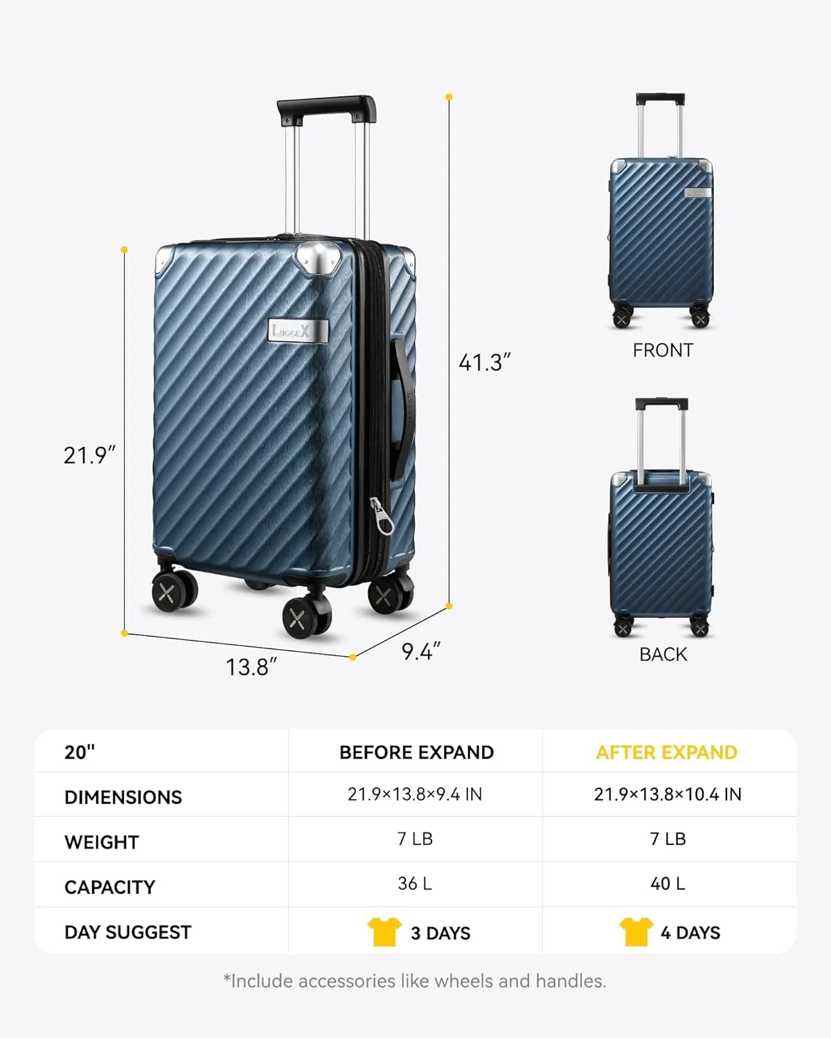 LUGGEX Luggage with Spinner Wheels, Polycarbonate Expandable Hard Shell Suitcase, Carry On 20 Inch, Navy