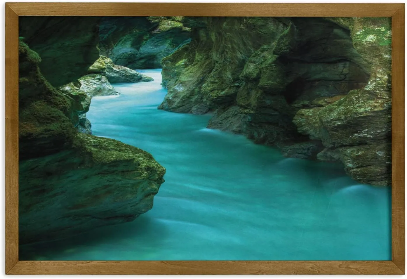 Lunarable Waterfall Framed Wall Art, Tolminka Alpine River Water and Caves Exotic Nature Travel Picture, Fabric Poster with Walnut Tone Wood Frame Home Dorm Decor, 35" x 23", Turquoise Dark Green