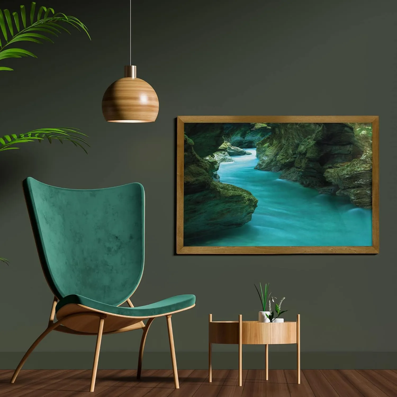 Lunarable Waterfall Framed Wall Art, Tolminka Alpine River Water and Caves Exotic Nature Travel Picture, Fabric Poster with Walnut Tone Wood Frame Home Dorm Decor, 35" x 23", Turquoise Dark Green