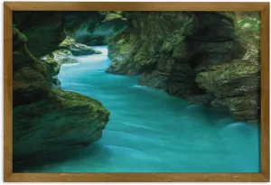 Lunarable Waterfall Framed Wall Art, Tolminka Alpine River Water and Caves Exotic Nature Travel Picture, Fabric Poster with Walnut Tone Wood Frame Home Dorm Decor, 35" x 23", Turquoise Dark Green