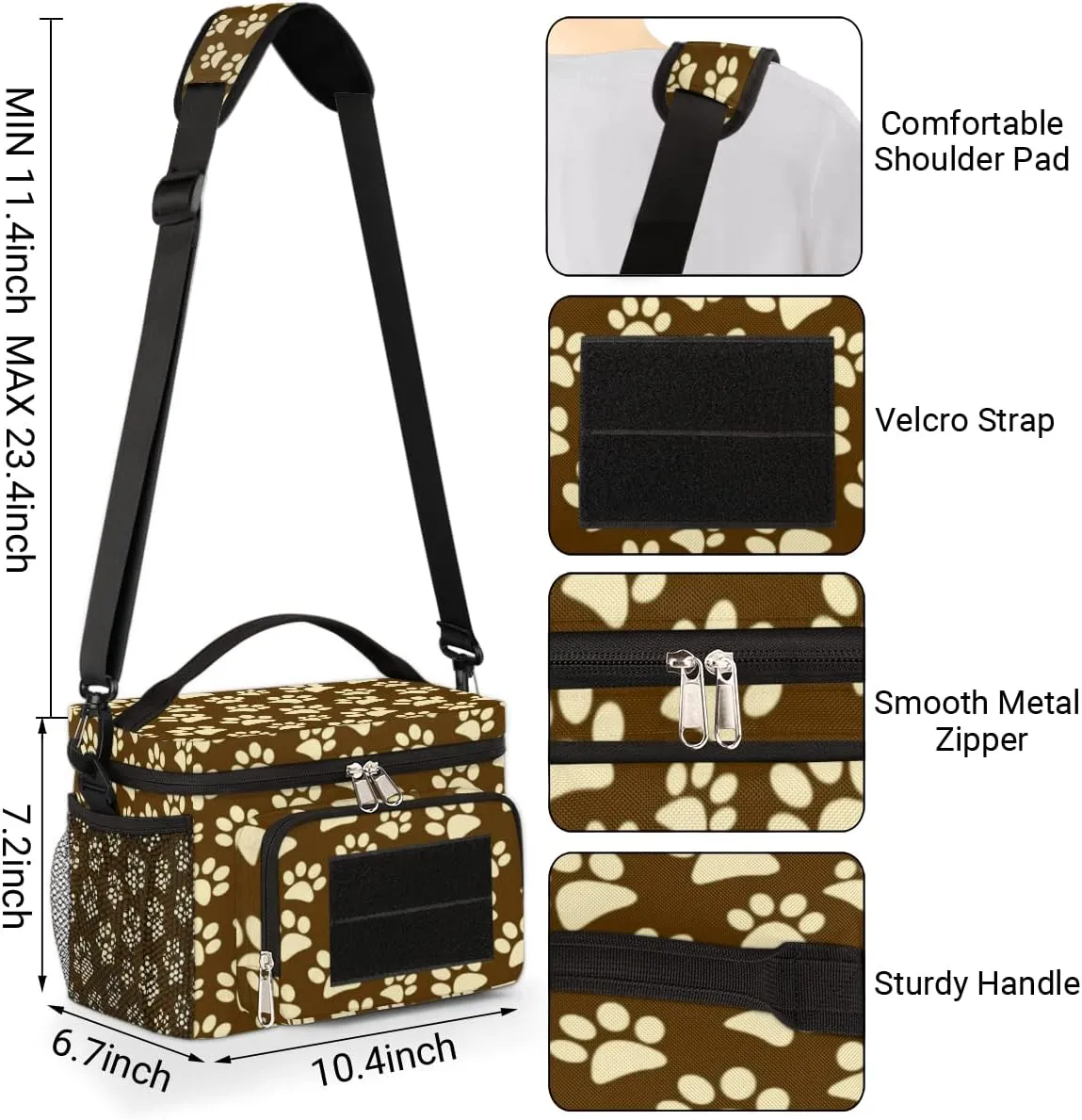 Lunch Bag Lunch Box for Women Men,With Side Pockets And Shoulder Strap,Reusable Insulated Lunch Tote Bags for Work Office Picnic Travel-Beige Cartoon Cat Paw Print