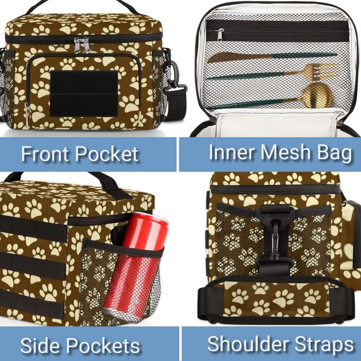 Lunch Bag Lunch Box for Women Men,With Side Pockets And Shoulder Strap,Reusable Insulated Lunch Tote Bags for Work Office Picnic Travel-Beige Cartoon Cat Paw Print