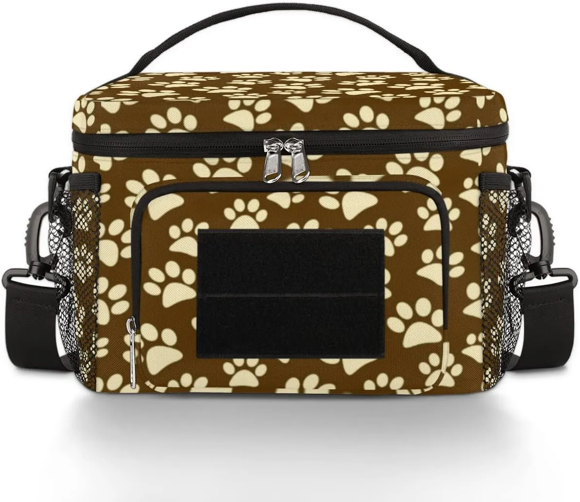 Lunch Bag Lunch Box for Women Men,With Side Pockets And Shoulder Strap,Reusable Insulated Lunch Tote Bags for Work Office Picnic Travel-Beige Cartoon Cat Paw Print