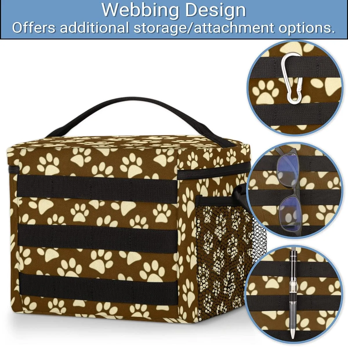 Lunch Bag Lunch Box for Women Men,With Side Pockets And Shoulder Strap,Reusable Insulated Lunch Tote Bags for Work Office Picnic Travel-Beige Cartoon Cat Paw Print