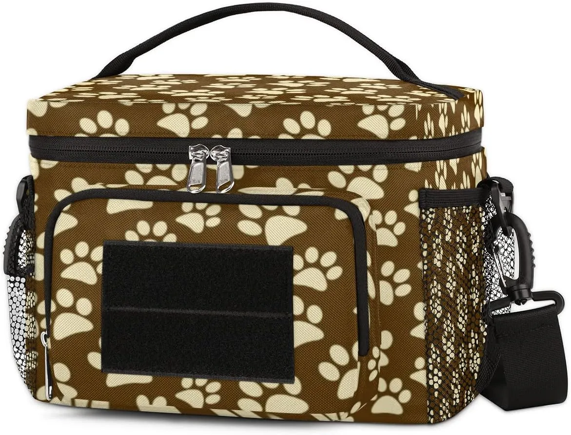 Lunch Bag Lunch Box for Women Men,With Side Pockets And Shoulder Strap,Reusable Insulated Lunch Tote Bags for Work Office Picnic Travel-Beige Cartoon Cat Paw Print