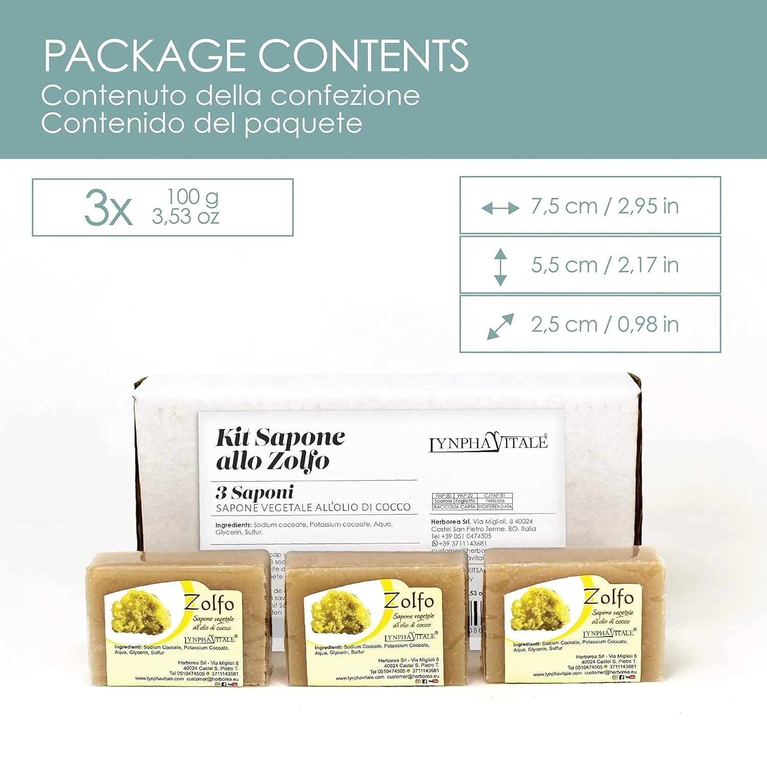 LYNPHA VITALE Sulfur Soap Bar - 100% Handmade Natural Bar Soap with Coconut Oil - Sulphur Soap ideal to Nourish and Heal Oily Skins - 3,5 oz - 3 Soaps Pack