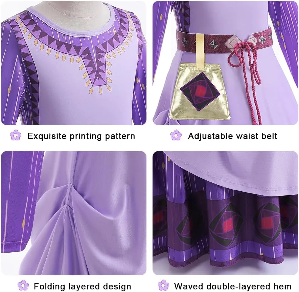 LZH Wish Asha Costume Dress For Girls Kids Cosplay Asha Dress Up Wish Halloween Costume With Bag Belt Earrings Necklace