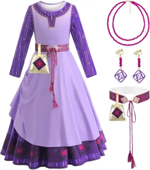 LZH Wish Asha Costume Dress For Girls Kids Cosplay Asha Dress Up Wish Halloween Costume With Bag Belt Earrings Necklace
