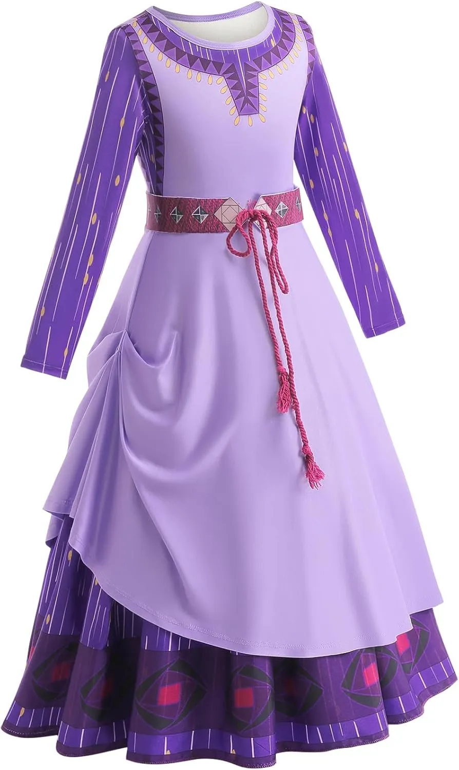 LZH Wish Asha Costume Dress For Girls Kids Cosplay Asha Dress Up Wish Halloween Costume With Bag Belt Earrings Necklace