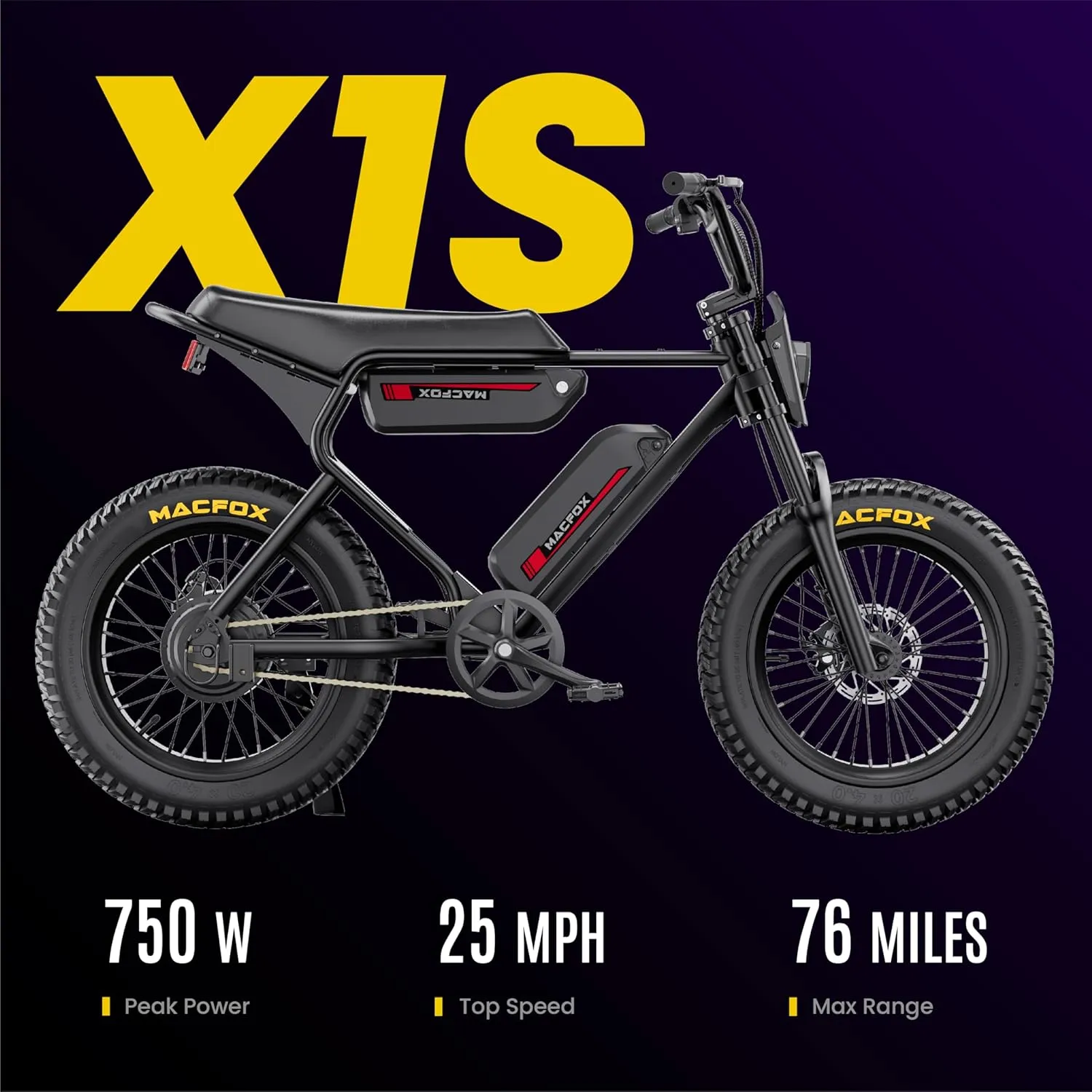 MACFOX X1S 2025 Ebikes for Adults, 750W Electric Bike Wheelie 25 MPH Max Speed, 38 Miles Range, 20" Fat Tire E-Bike with Front Suspension, E-Bikes for Riding to School (Class-3)