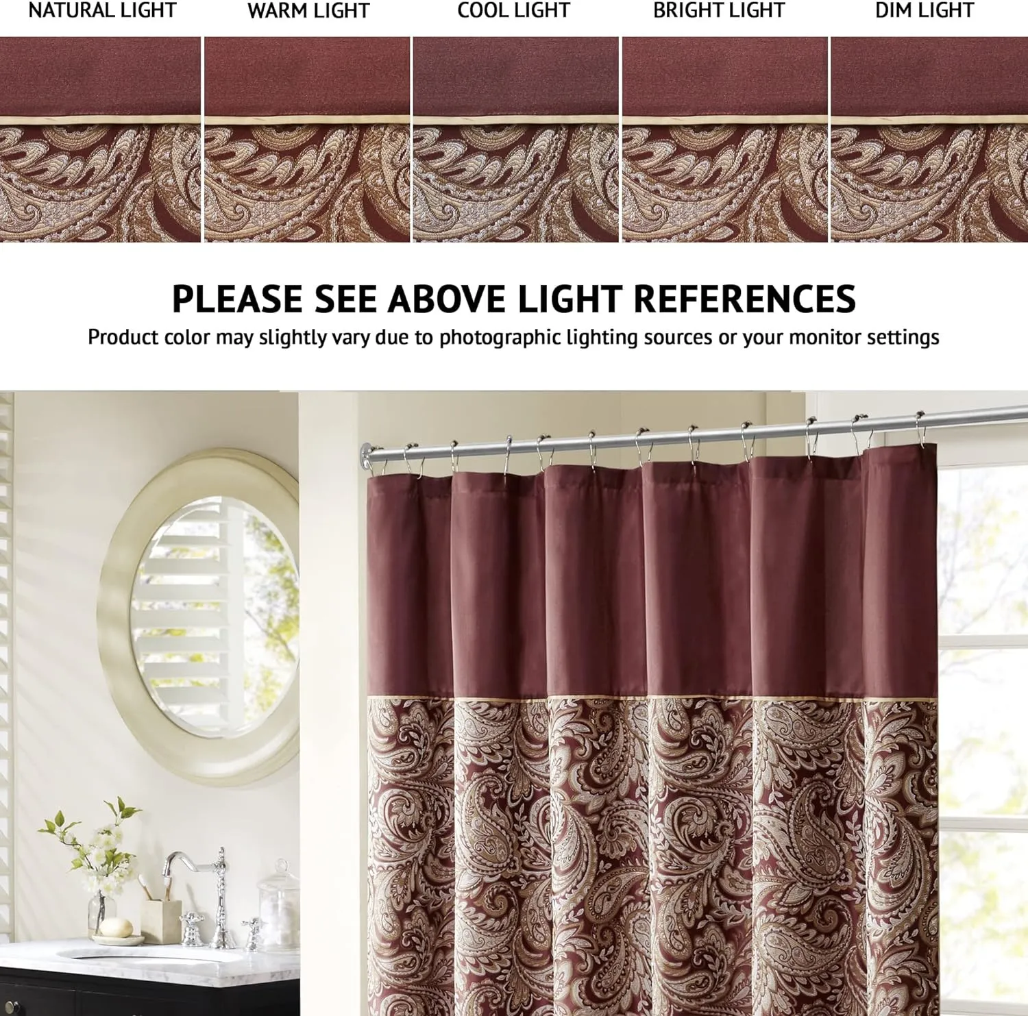 Madison Park Aubrey Design Stripe Top Modern Shower Curtain, Jacquard Traditional Shower Curtains for Bathroom, 72 X 72, Burgundy