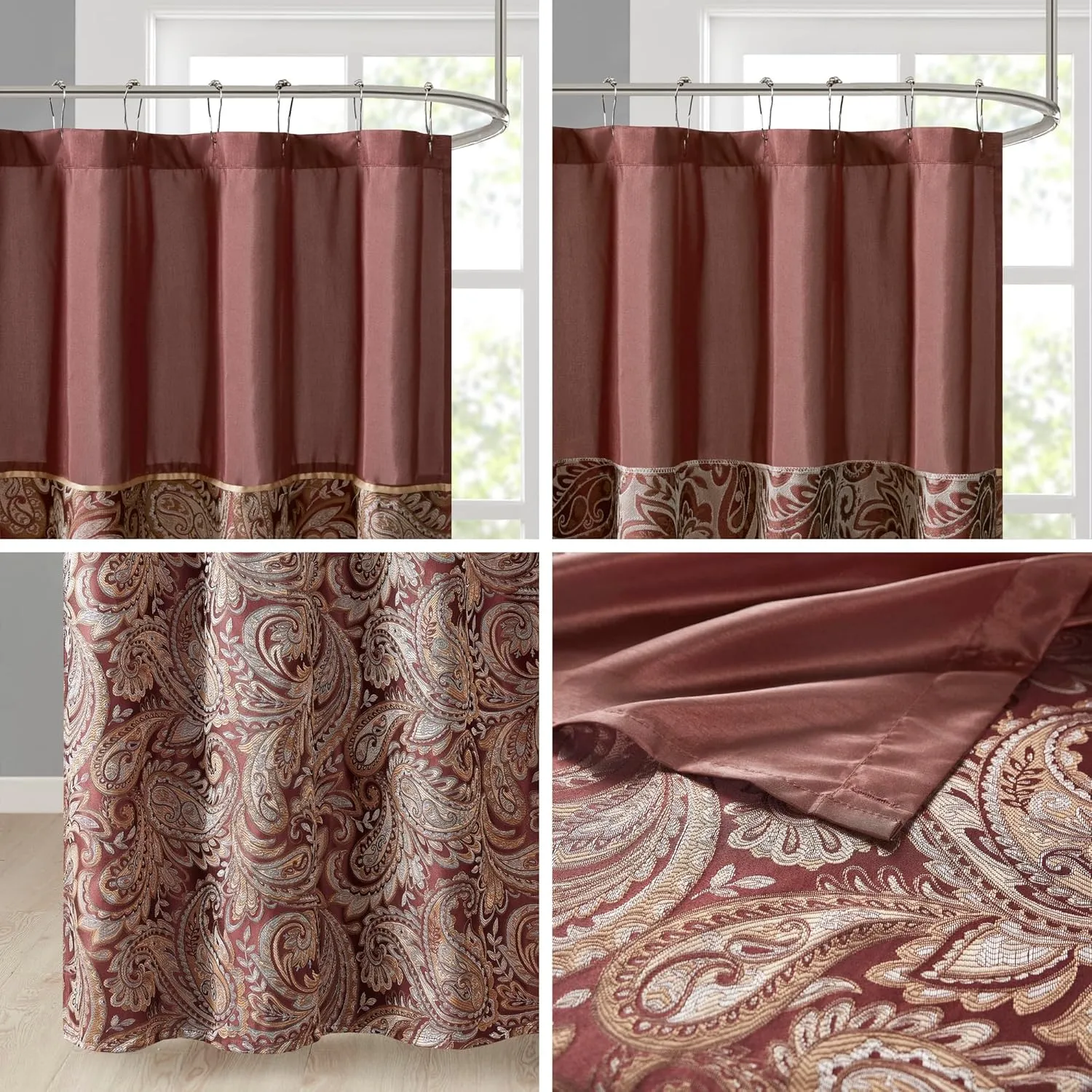 Madison Park Aubrey Design Stripe Top Modern Shower Curtain, Jacquard Traditional Shower Curtains for Bathroom, 72 X 72, Burgundy